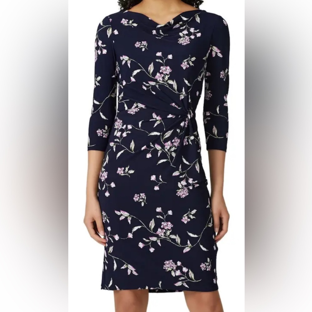 Lauren Ralph Lauren navy floral faux wrap dress with ruching size 10‎